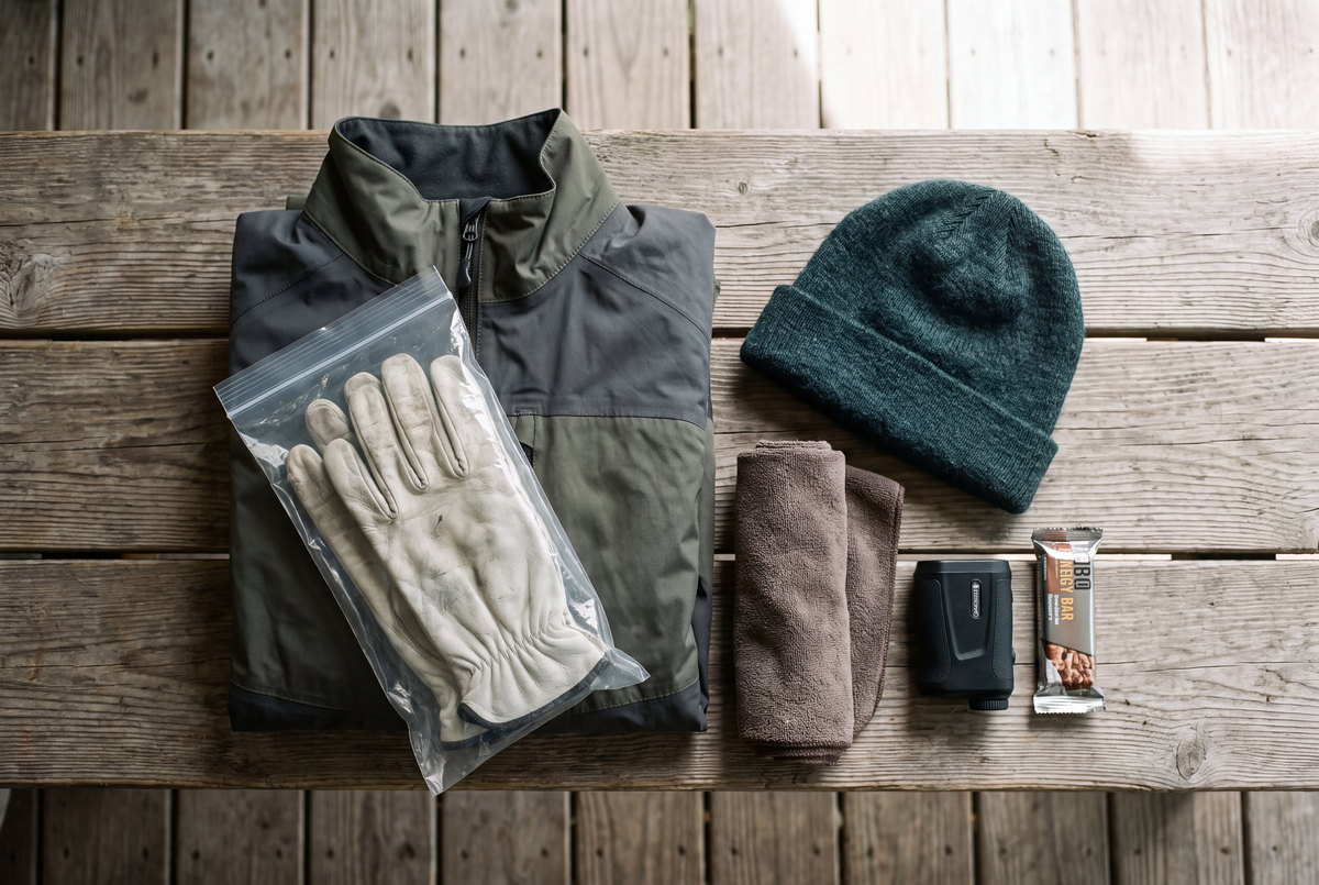 A caddie's wet-weather kit laid out on weathered wood.
