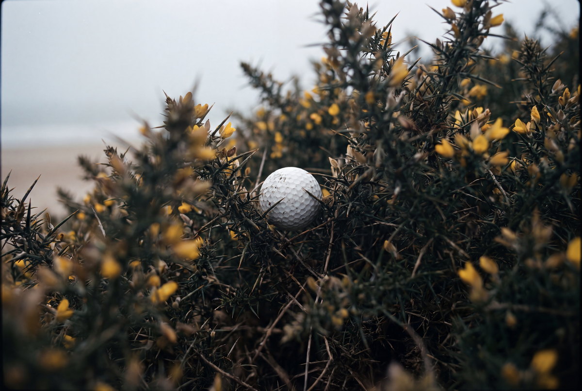 A golf ball lost inside a thicket of flowering gorse.