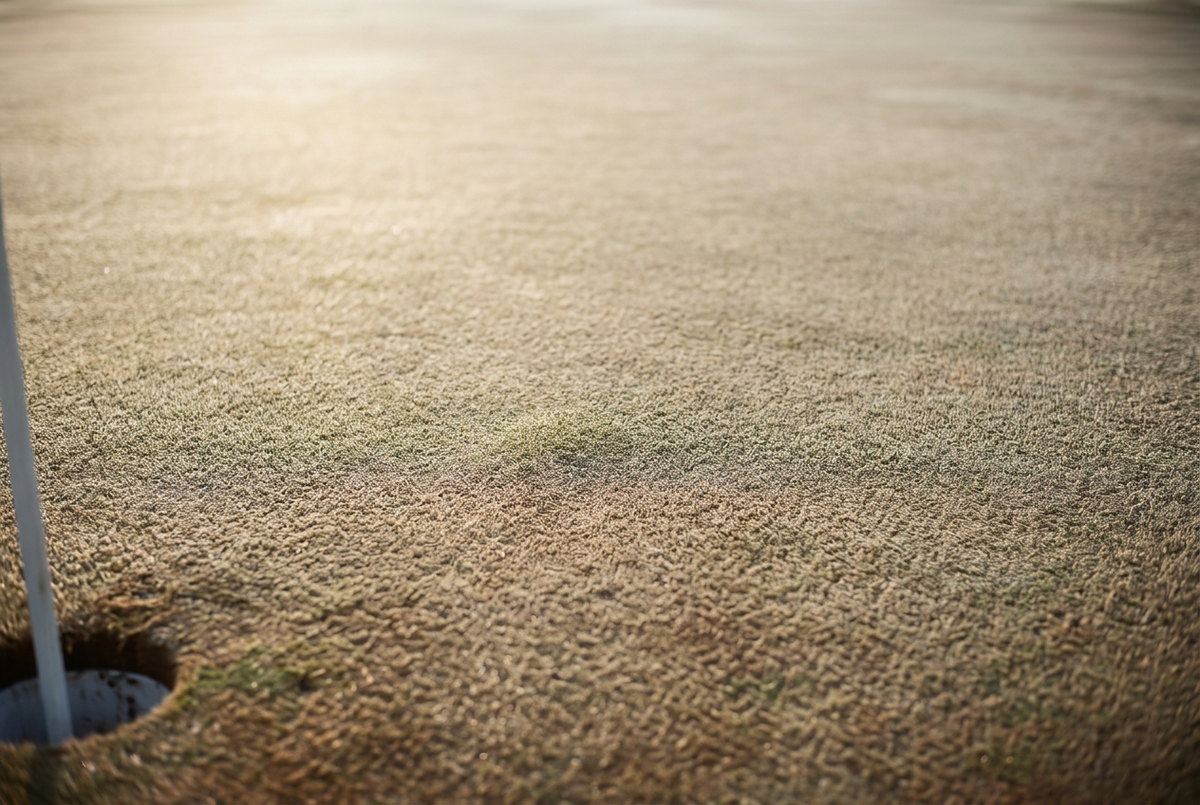Close detail of a firm fescue putting surface catching low sidelight.