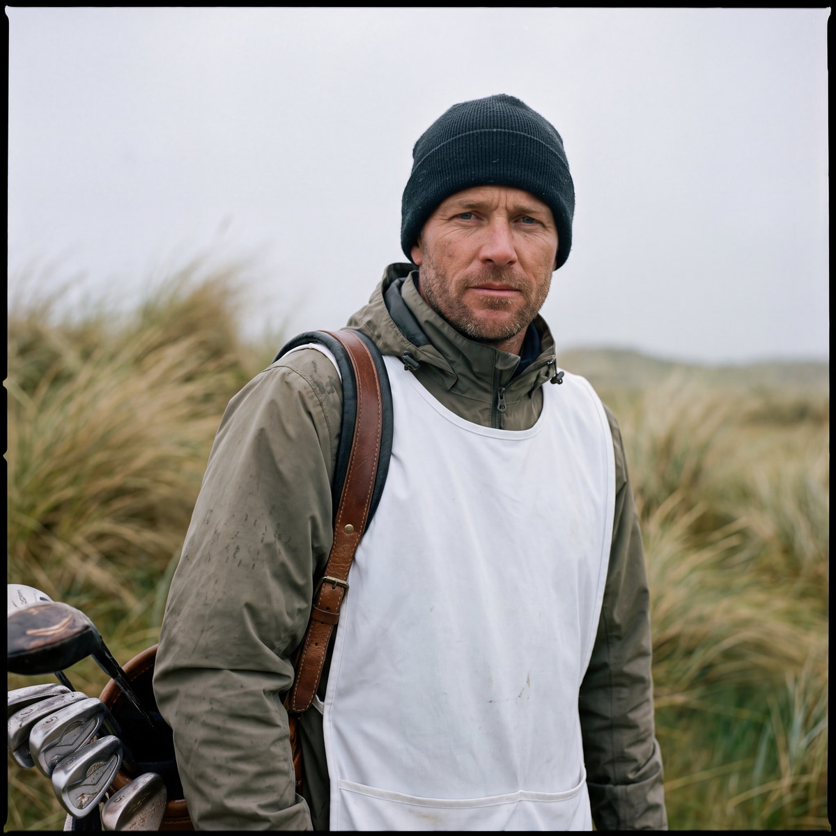 Wes Halloran, caddie, in a beanie and rain jacket with a bag strap across his chest.